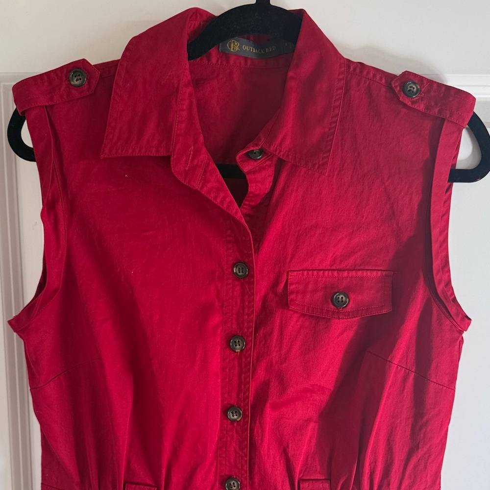 Outback Red Sleeveless Red Button-Up Cotton Safari Dress Size Small NO BELT - Picture 4 of 11